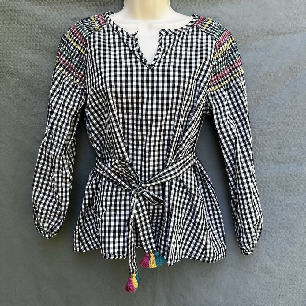 Madewell Size Small Black White Gingham Cotton Smocked Top Shirt H8287